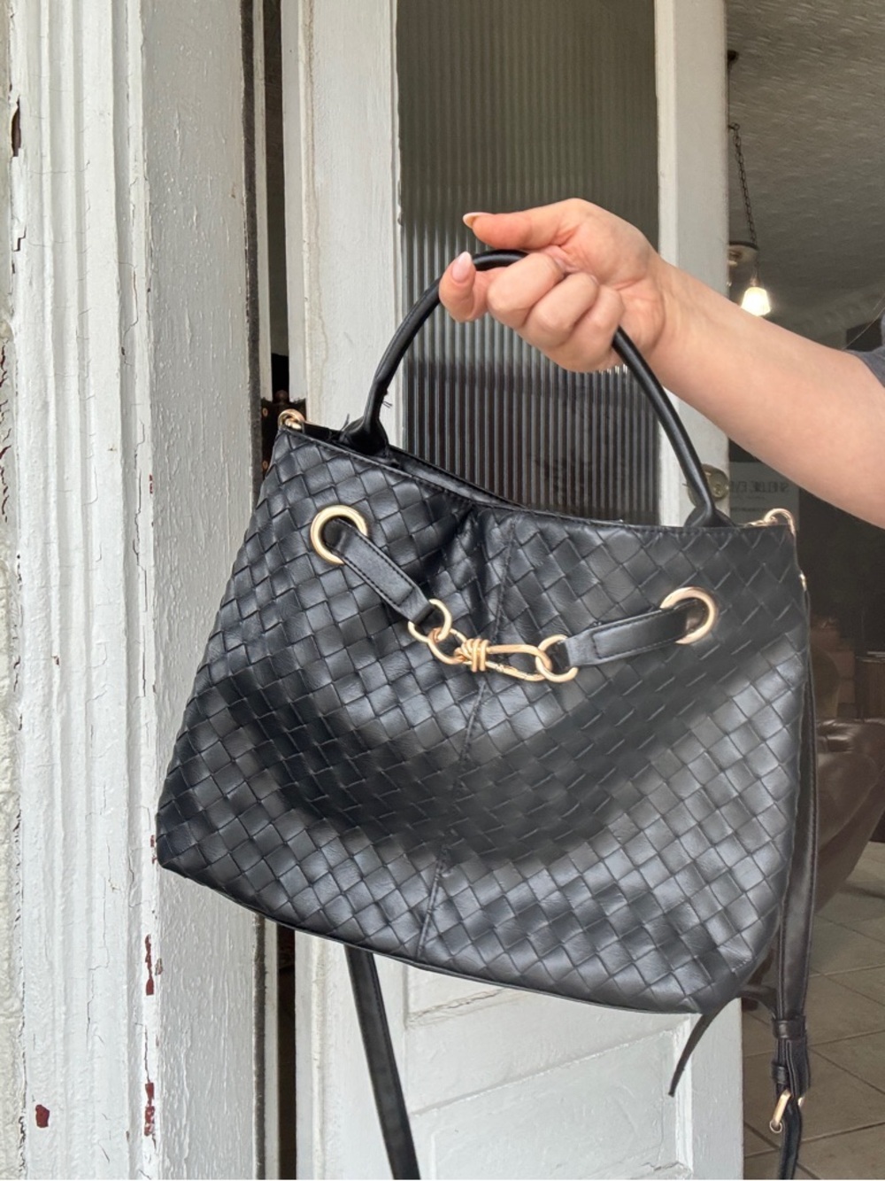 Black Woven Leather Tote with Gold Hardware